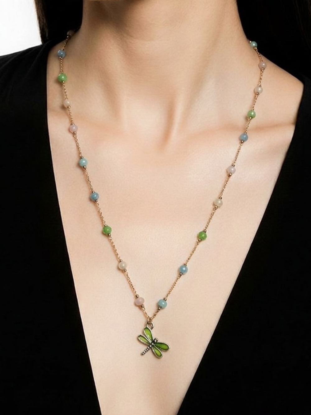 Delicate Green Dragonfly Pendant Necklace with Pastel Beads